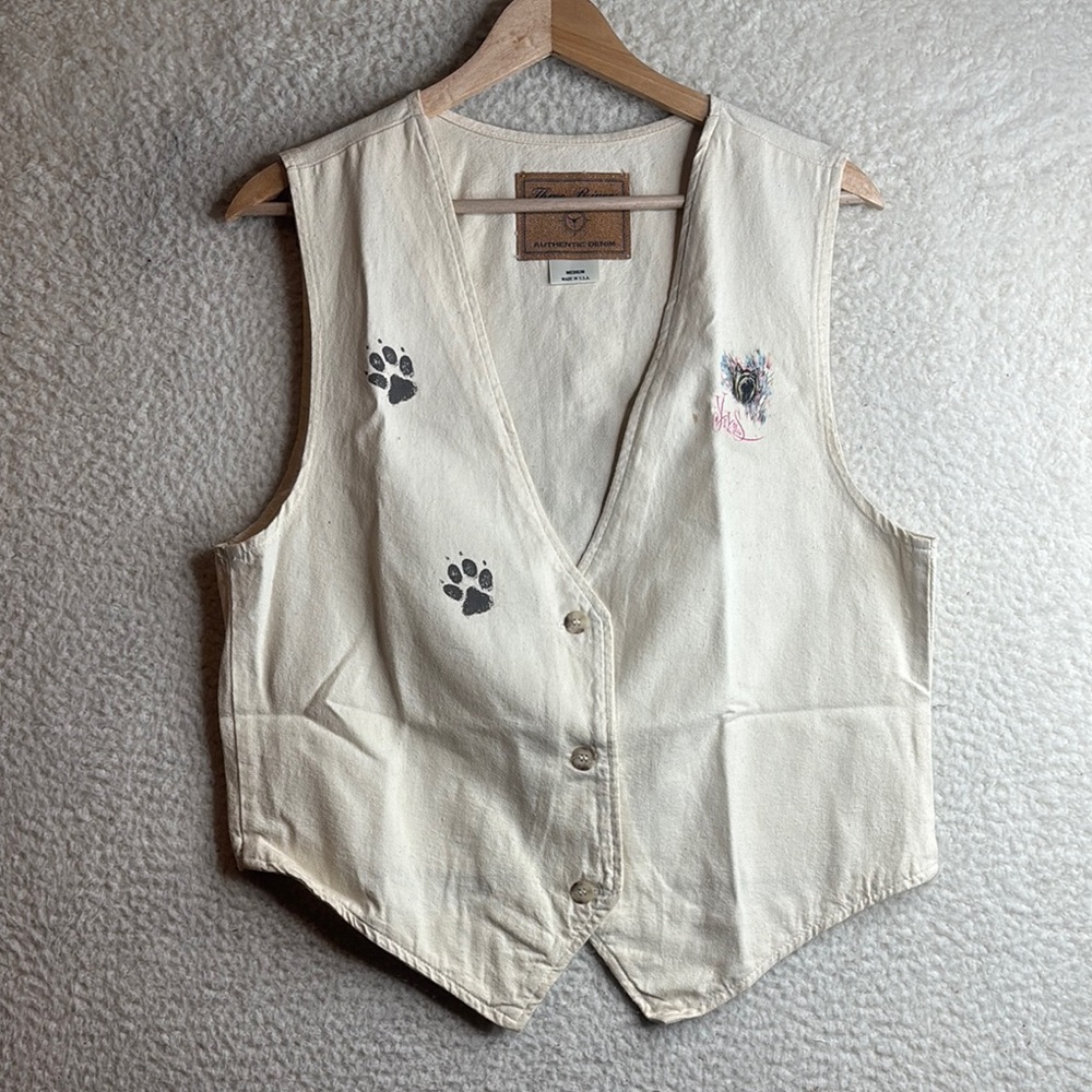 Three River Authentic Denim Womens Cream Puppy and Paw Print Vest Size M